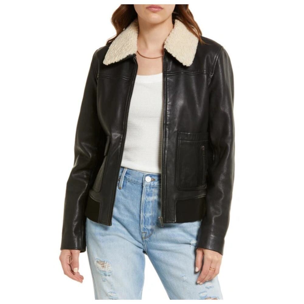 Treasure & Bond Leather Bomber Jacket with Removable Faux Shearling Trim Small